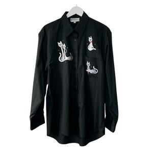 Las Olas Black Button-Up Shirt Embroidered White Classy Cats Women's Size Large
